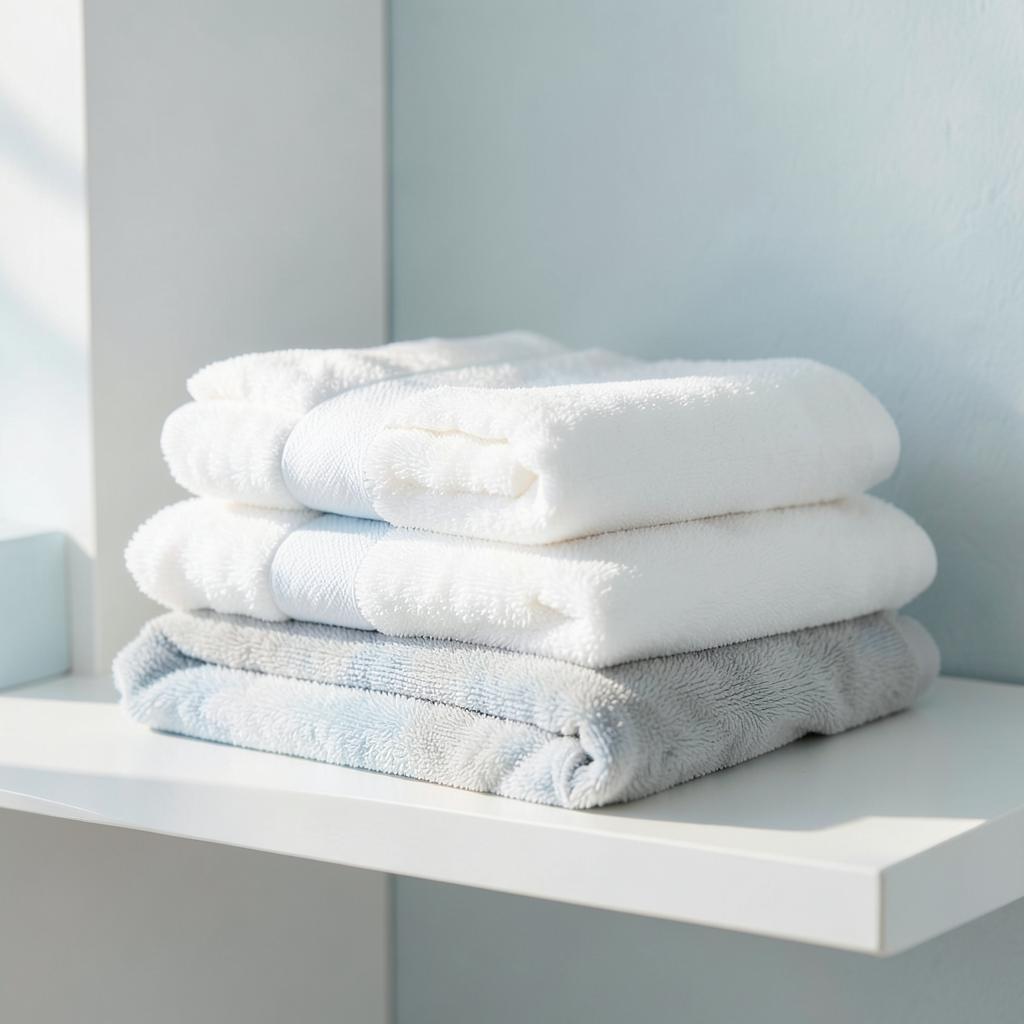 Neatly folded fresh white towels stacked on a shelf